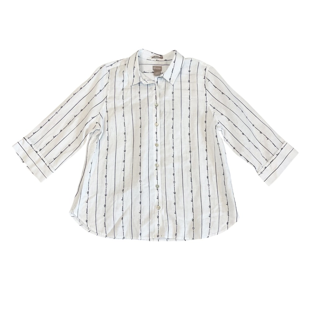 Chicos White Linen Peace Love Chic Striped Button Down Shirt Boho Size 2, Large